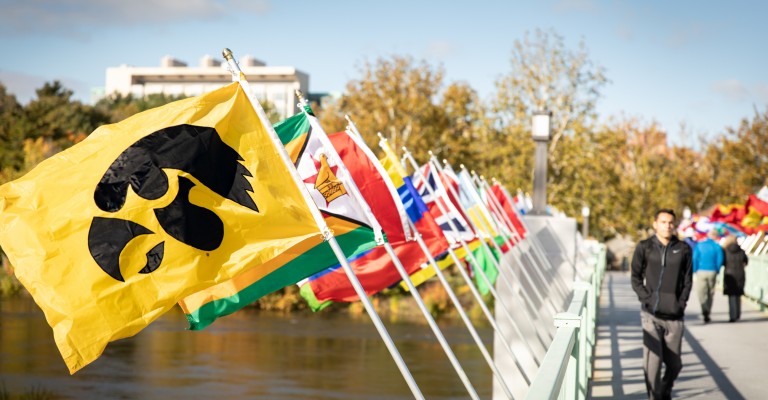 international flags line a pedestrian bridge