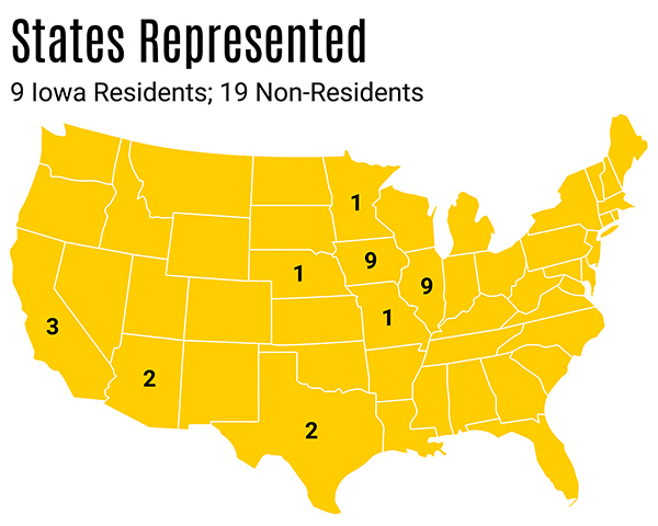 US map marking home states of incoming students. 9 Iowa residents. 19 non-residents