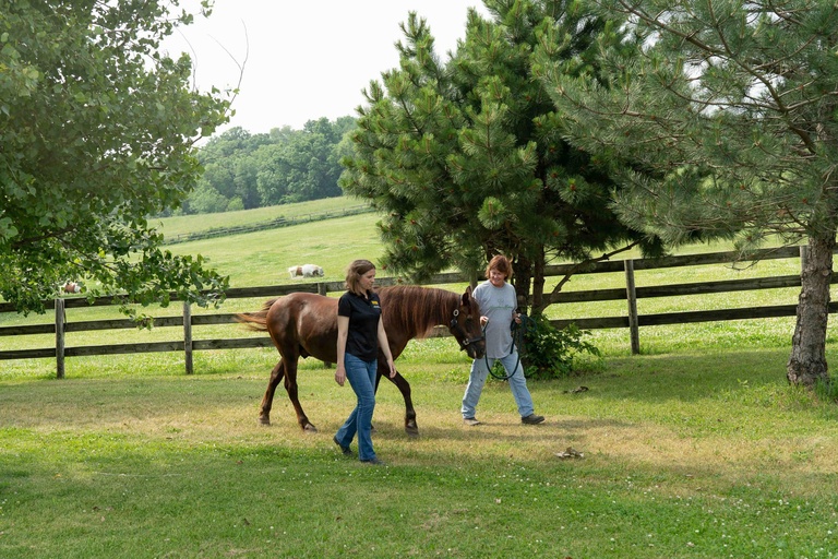 two women walk on trail, leading a horse