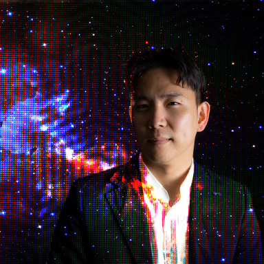 Man in abstract galaxy space