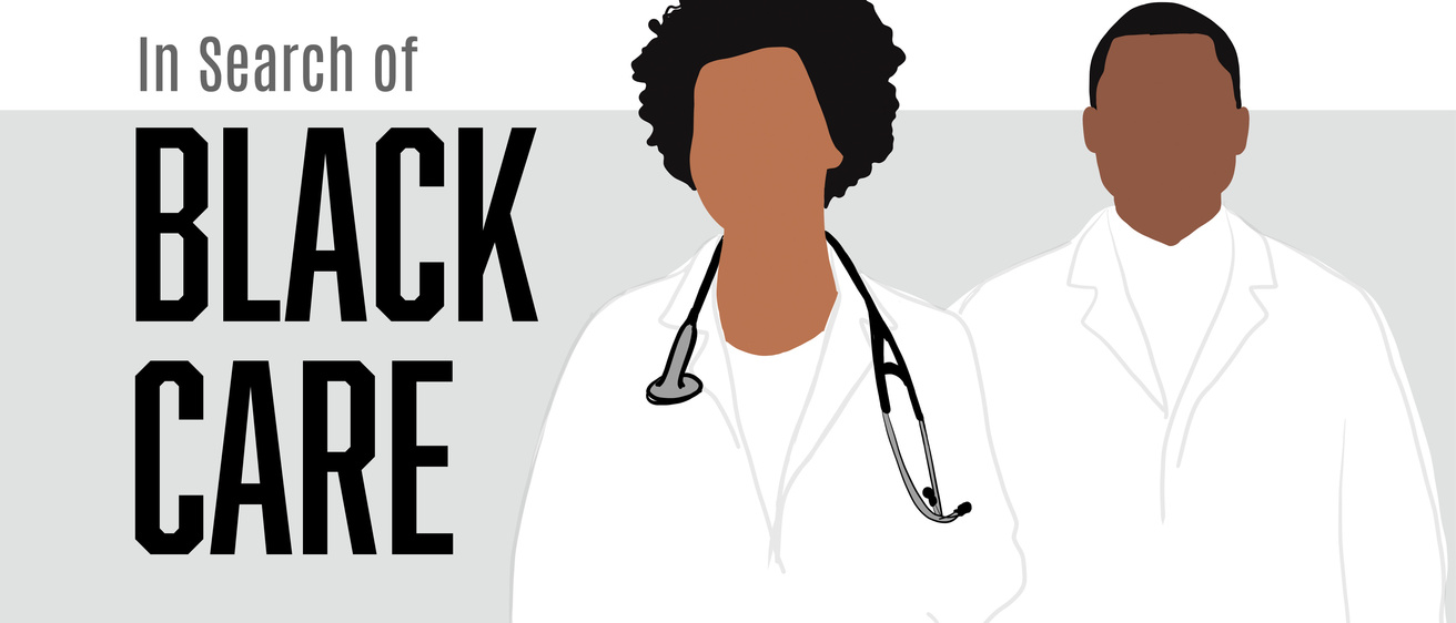 "In search of black care" with illustration of black doctors