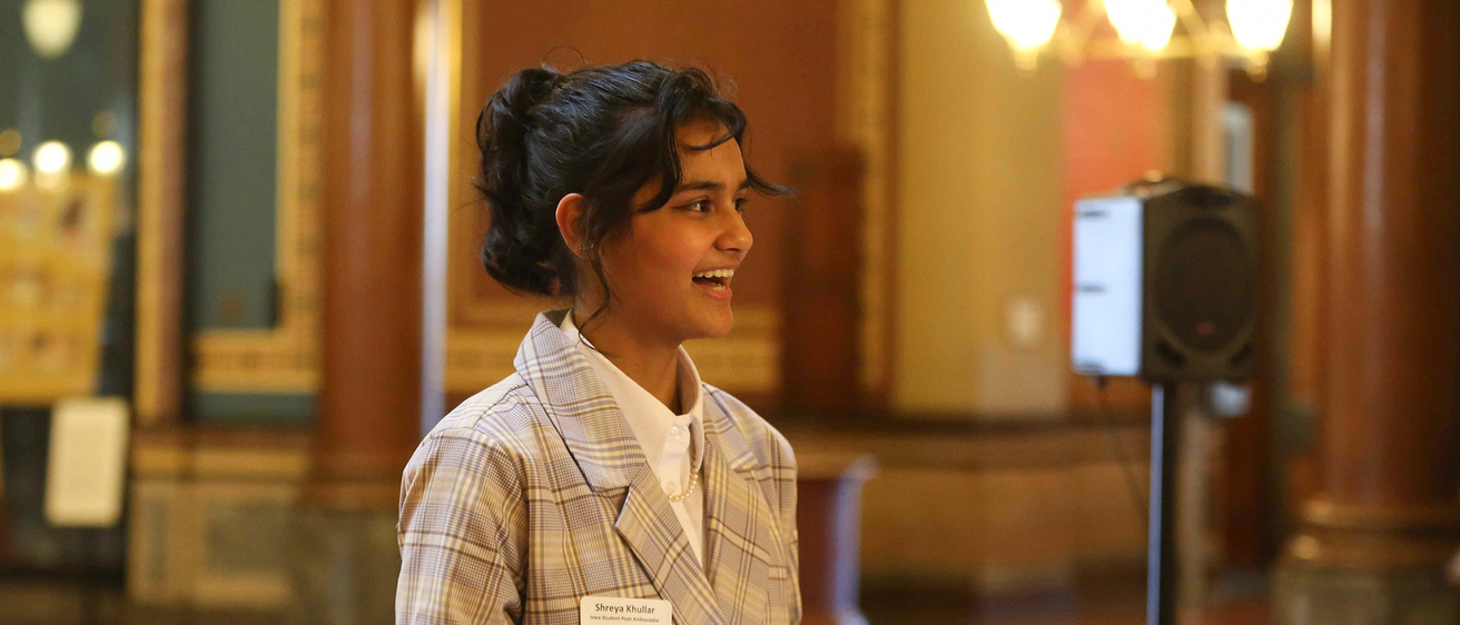 West High School and poet Shreya Khullar reads a poem at the Iowa State Capital through the Student Poet Ambassador Program