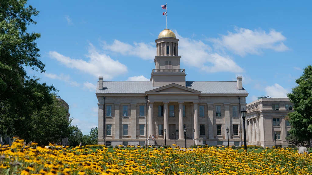Old Capitol in summer with flowers blooming
