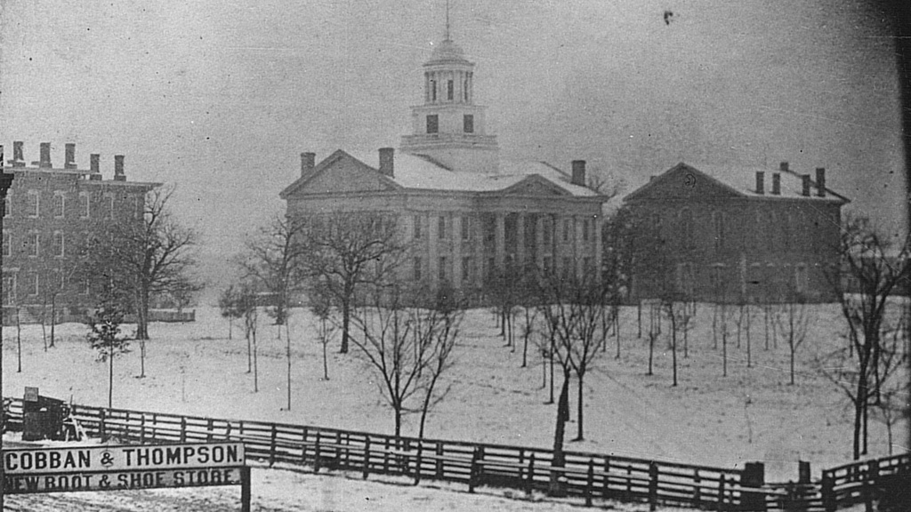 Antique photo of Old Capitol in winter
