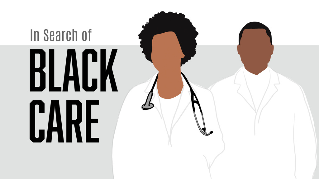 "In search of black care" with illustration of black doctors
