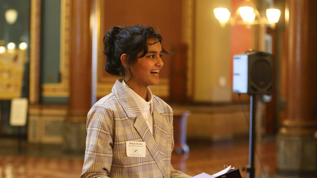 West High School and poet Shreya Khullar reads a poem at the Iowa State Capital through the Student Poet Ambassador Program