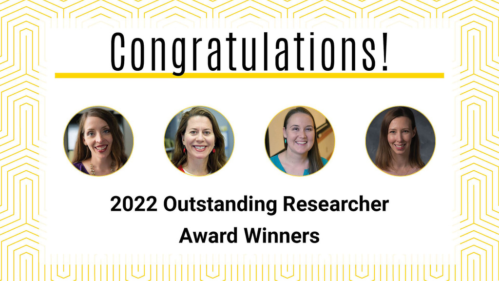 Yellow and white graphic that says Congratulations with photos of Cassie Barnhdart, Mary Cohen, Katharine Broton, and Stacey McElroy- Heltzel