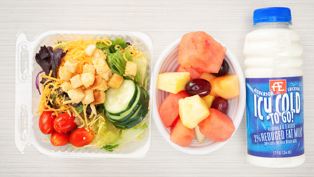 Small salad, fruit cup, and milk 