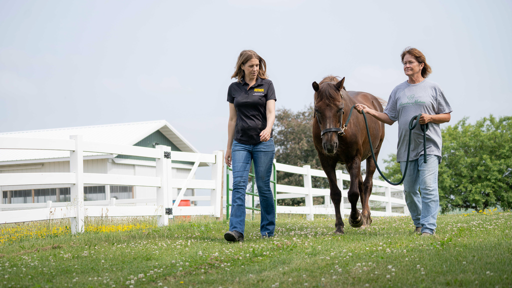two women walk outside with a horse